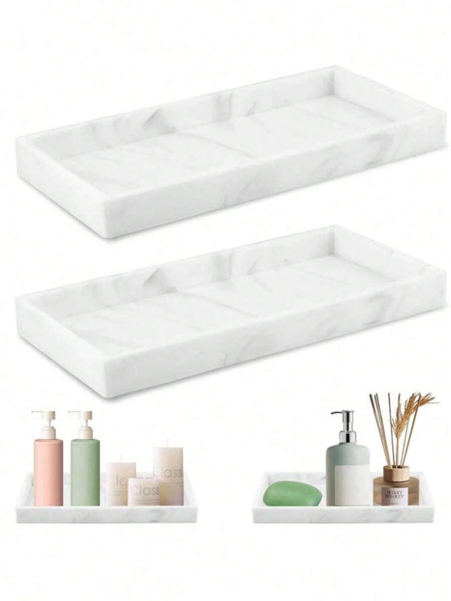 1pc Bathroom Tray, White Marble Rectangular Decorative Tray, Vanity Bathroom Storage Tray, Bathtub, Kitchen Sink, Bathroom Storage Tray