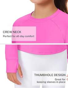 Girls Long Sleeve Shirts Athletic Shirt With Thumb Holes Kids Crew Neck Basic Tee Tops For Sports Gym Yoga - 玫紅色 - 查看 4
