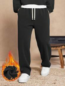Men's Fleece Pants, Straight Leg, Side Slant Pockets, Casual & Versatile Style Suitable For Daily Commute, Autumn/Winter - Black - View 2