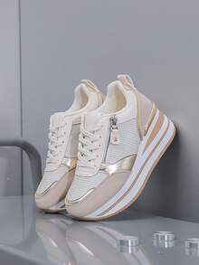 Women's Platform Outdoor Sports Shoes, Mesh Breathable Trail Running Shoes, Casual Shoes For All Seasons, Suitable For Female Students In Spring, Autumn And Winter, Available In Khaki, Silver Gray, Black