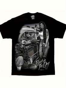Men'S Vintage Lowrider T-Shirt - Back In The Day Retro Graphic Tee With Classic Car Design, Soft Stretch Cotton Shirt For Car Enthusiasts & Everyday Casual Wear - Plus Size Available (180gsm Heavyweight Fabric) - Allseason Apparel, Vintage Tshirt, PLUS SIZE,Men Size S-3XL - 黑色 - 查看 1