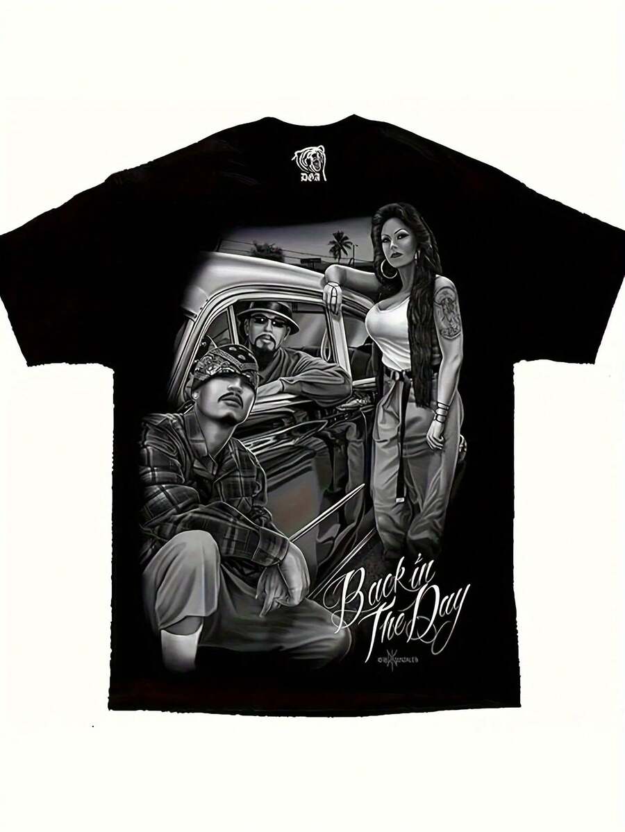 Men'S Vintage Lowrider T-Shirt - Back In The Day Retro Graphic Tee With Classic Car Design, Soft Stretch Cotton Shirt For Car Enthusiasts & Everyday Casual Wear - Plus Size Available (180gsm Heavyweight Fabric) - Allseason Apparel, Vintage Tshirt, PLUS SIZE,Men Size S-3XL - 黑色 - 查看 1