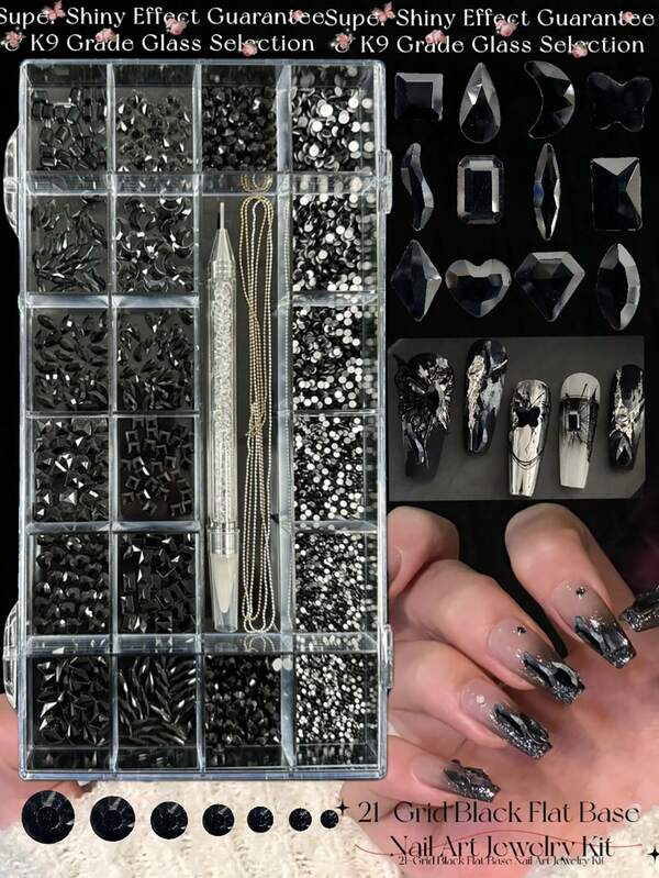 KIRAME 21 diseños DIY Nail Art K9 Cristales AB holográficos planos de vidrio - 30 piezas cada uno Cristales brillantes con bolígrafo de punteo, salón de uñas, proveedores de uñas, Halloween, regalos de festival