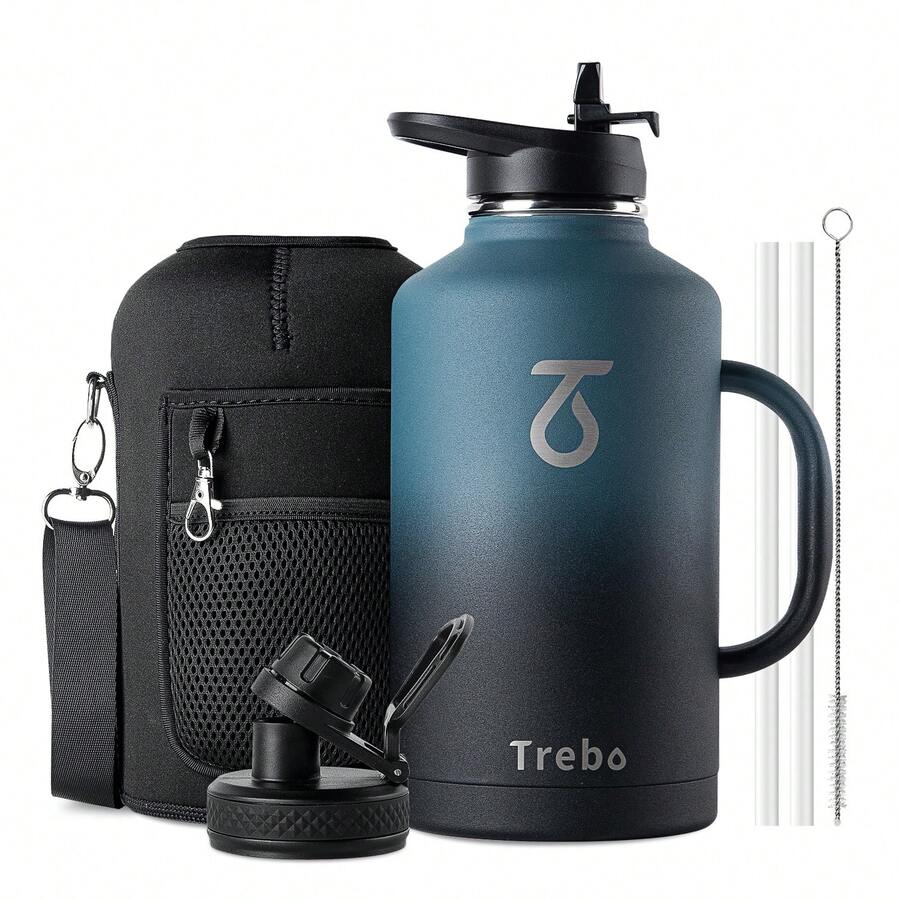 Water Bottle Insulated With Handle, Half Gallon Stainless Steel Metal Large Water Jug, Travel Flask With Straw Spout Lid, Wide Mouth Mug With Carry Pouch, Keep Cold - Indigo Crush - 查看 1