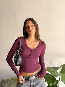 Womens Slim Fit Henley Shirts Long Sleeve V Neck Button Down Casual Tops - màu tím - Xem 3