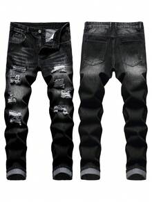 1 Pair Of Men's Jeans, Ripped Denim Street Pants, Slim Fit, Black Ripped Men's Jeans Suitable For All Seasons - 黑色 - 查看 2