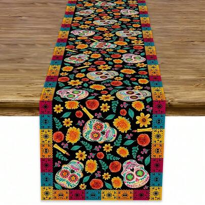 1 pieza Camino de mesa estilo mexicano con calavera, 13x72 pulgadas, Camino de mesa para fiesta de carnaval mexicano, Día de los Muertos, Halloween, suministros para fiestas, decoración de comedor y hogar, suministros de decoración de mesa para festivales