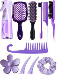 11pcs/Set Multi-Functional Hair Styling Tool Kit, Black Handle Hollow Comb Massage Scalp Relax Reduce Hair Loss, 200ml High Pressure Spray Bottle, Dense Teeth Curling Comb Detangle Hair, Large Hair Scrunchies For Ponytail, Elegant Hair Accessory Set Suitable For All Hair Types & Women, Great Gift For Girlfriend, Family ,Hair Styling Kit ,Hair Tool Kit
