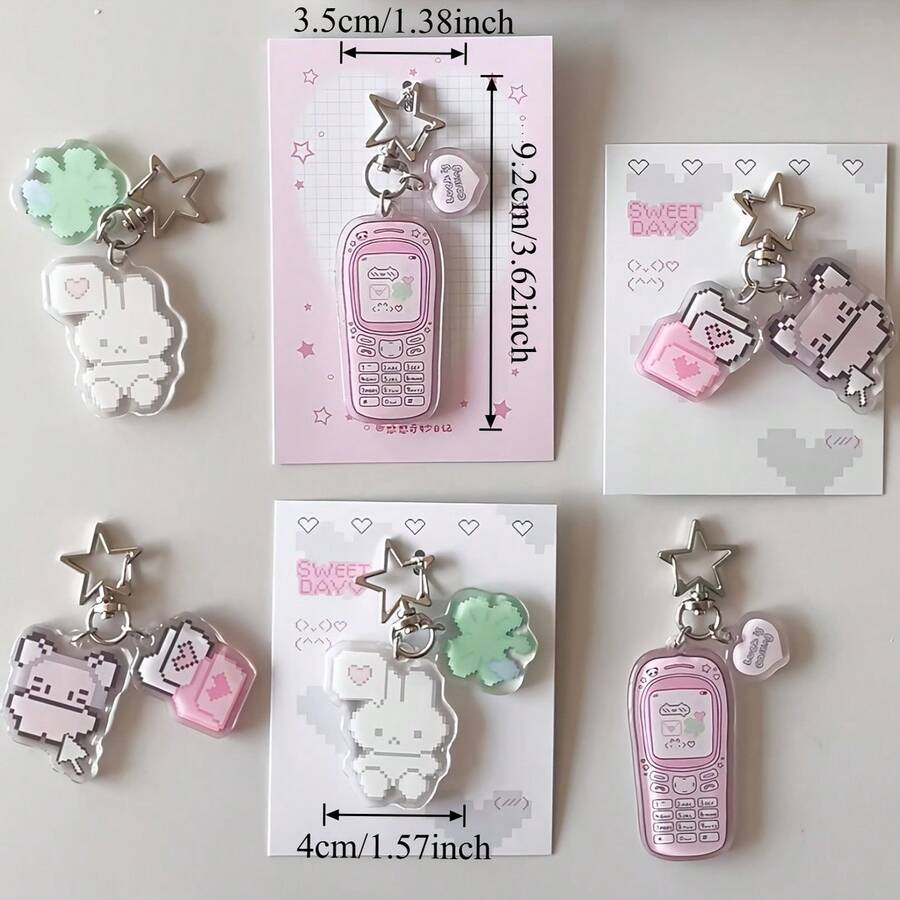 2pcs Cute Cartoon Pixel Phone/Rabbit/Clover Design Creative Keychain, Japanese Style Pendant, Adorable Retro Pink Pixel Keychain Acrylic Pendant, Student Backpack Pendant, Gift For Girlfriend, Suitable For Handbag, Backpack, Keys - Birthday/Valentine's Day Gift (Acrylic Material, Avoid Folding)