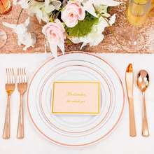 50/25/20/10/5pcs Reusable Washable White Round Rose Gold Rim Plates, Party Plates, Salad Plates, 10.25" And 7.5" Dinner Plates, Suitable For Christmas Gifts, Family Gatherings, Parties, Outdoor, Weddings, Restaurants, Kitchen