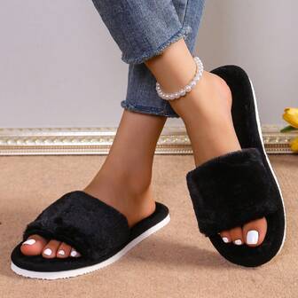 Plus Size Women's Solid Color Faux Fur Open Toe Slippers, Lightweight Unisex Indoor Slippers, Suitable For All Seasons