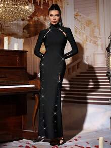 فستان طويل أسود للنساء ذو ياقة عالية مفرغ، فستان زفاف حفلة كرة ، فستان حفلة عيد الميلاد