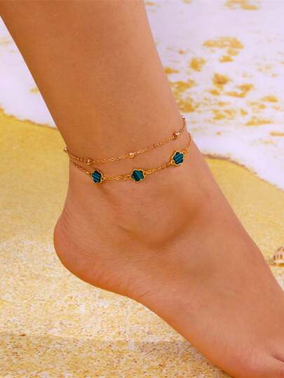 Cadena de pie con diseño de flor de cinco pétalos y hierba de cinco hojas, estilo veraniego, cadena de pie de doble capa, regalo de fiesta para mujeres, mejor regalo para amigas