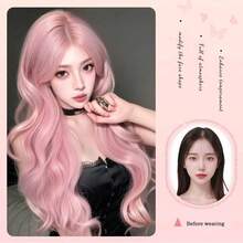 26-28 Inch Long Curly Sakura Pink Wig – Full-Cap Synthetic Fiber Rose Net Wig With Lolita-Style Side-Swept Bangs & Large Waves For A Youthful Vibe, Suitable For Halloween And Other Festive Occasions - 淺粉色 - 查看 2