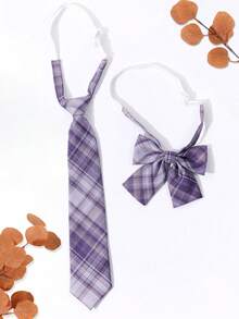 2 件套女士时尚格子条纹 Jk 风格领带领结套装，适合约会、上学和日常穿着圣诞节 - 彩色 - 查看 12