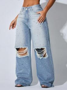 Low Waist Wide Leg Casual Blue Ripped Slanted Pocket Curved Women'S Jeans Rhinestone Embroidery - Blue - View 6