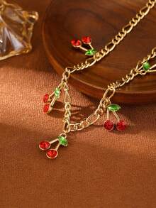 1pc Women's Fashion Jewelry, Vintage Style 18K Gold-Plated Cherry Pendant Necklace, Suitable For Vacation & Fashion, Cute Daily Accessory, Luxurious & Playful, Velvet Bag Included