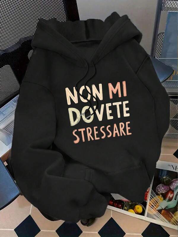Felpa casual con cappuccio e stampa monogramma, con maniche lunghe e pile, con coulisse, per donne taglie forti, per autunno/inverno, top a maniche lunghe, abbigliamento autunnale taglie forti, abbigliamento donna taglie forti, abbigliamento autunnale taglie forti, top a maniche lunghe curvy, outfit autunnali da donna, taglie forti autunnali, abbigliamento invernale, abbigliamento invernale da donna, top da uscire per donne, abbigliamento