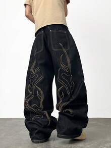1pc Fashionable Loose Fit Distressed Embroidered Denim Jeans, Versatile Streetwear Style Casual Pants For Men, All Season - màu đen - Xem 4