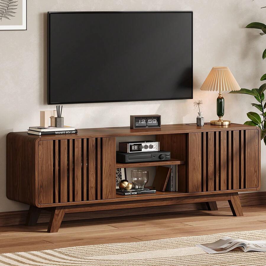 63-Inch TV Stand For TVs Up To 75 Inch, Mid-Century Modern Television Stand, Entertainment Center With Sliding Grille Door Cabinets, TV Table For Living Room - 咖啡棕 - 查看 1