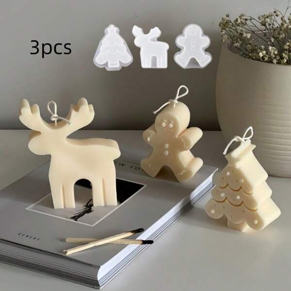 3pcs Christmas Reindeer, Gingerbread Man, Christmas Tree Candle Mold DIY Candle Making Craft, Home Christmas Decor Mold For Wax, Plaster, Epoxy Resin, Silicone