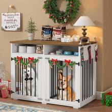 Furniture Dog Crate For 2 Dogs, 41 Inch Dog Kennel Furniture With Removable Divider And Shelf Storage, Wooden Dog Crate For Small/Medium Dogs, White/ Brown/ Gray - 白色 - 查看 8
