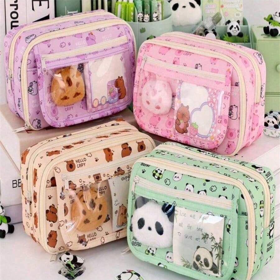 1 pieza Nuevo estuche de papelería con diseño de Panda de gran capacidad y varios compartimentos, elegante caja de lápices con estilo de dibujos animados para niñas y niños, útiles escolares de alta calidad, ideal para viajes, maleta, bolsa de viaje, artículos de viaje esenciales, artículos de vacaciones, cajas de almacenamiento de papelería, portalápices de colores, bolsa organizadora de viaje, bolsa de maquillaje, bolígrafos, bolígrafo, papelería, estuche de lápices, bolsa de lápices, escuela, estuche de lápices grande, equipo de oficina, artículos para la escuela, papel de notas, decoración Kawaii, vuelta al colegio