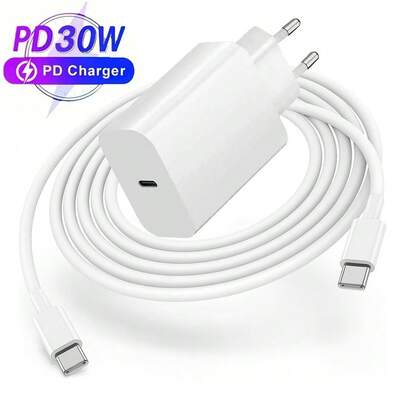 30W PD Fast Charging Wall Adapter Set: 30W PD Fast Charging Wall Adapter + 3.3ft/100cm High-Efficiency Data Transfer Fast Charging Cable, Compatible With IPhone 17 Pro Max/17 Pro/17 Plus/17/16/15, Galaxy S25/S24/S23/S22/S21/S20 Ultra Plus Series, High-Efficiency Adapter Set Charger Phone Charger High Output Power