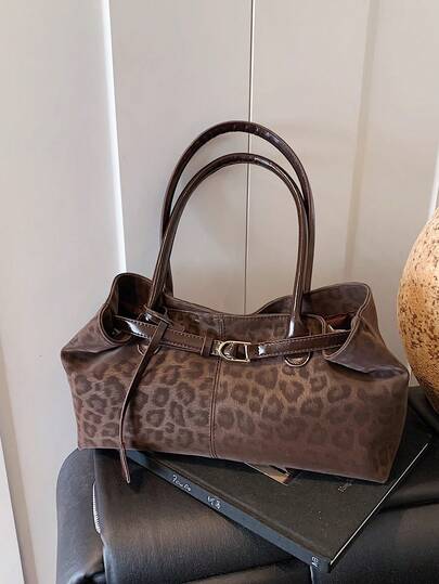 复古绒面革大容量休闲单肩托特包，拼布拼色托特包，优雅百搭女士通勤包