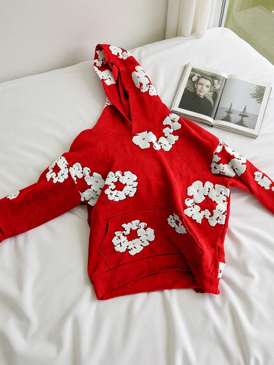 One Piece Set Denim Flower Puff Print Hoodie, Polyester Graphic Vintage Pullover Streetwear Voor Men - Red - View 1