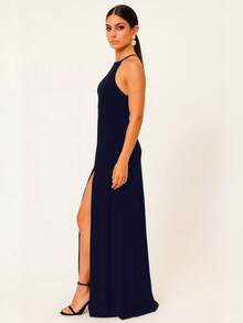 Long Sleeve Party Dress Long Bridesmaid Wedding Slit - Navy Blue - View 2