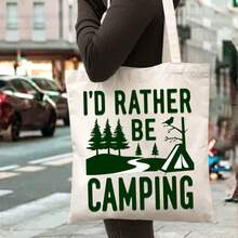 ZCAYNGER Canvas Tote Bag With I'd Rather Be Camping Design - Durable, Reusable Shopping Bag Travel, Hiking & Outdoor Adventures - Washable, No Closure, Black, Camping Accessories - 白色 - 查看 2