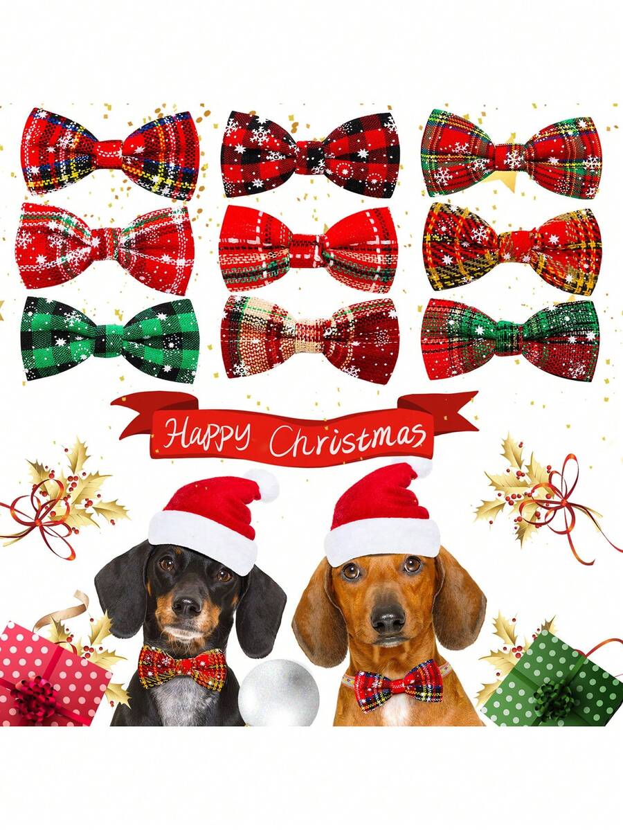 2pcs Red And Green Checkered Bow Tie Pet Tie, Exquisite And Cute Pet Decoration Accessories, Adjustable Size Christmas Tie Suitable For Pets, Very Suitable For Small And Medium-Sized Dogs And Cats, With Random Styles - Multicolor - View 1
