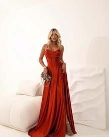 Elegant Satin Maxi Party Dress With Thin Straps, Side Slit, Tie At The Back, Ideal For Bridesmaid/Smart Casual Attire/Wedding Guest/Formal Occasions - 紅陶 - 查看 6