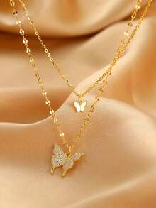 青少年新款水钻蝴蝶双层项链，适合女孩，简约设计，小众时尚锁骨链