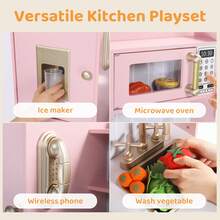 Kinder King Wooden Kids Play Kitchen, Toy Kitchen Playset For Toddler, Realistic Kitchen Sets W/Lights & Sounds, Pretend Ice Maker, Telephone, Kitchen Accessories, Gift For Boys Girls Age 3+, Halloween Christmas Gift, Pink