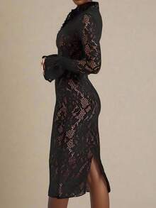 Elegantes, sexy tailliertes Damen Kleid mit Hohlmuster, Reißverschluss und Schlitz, modisches tailliertes Kleid mit Hohlmuster und Schlitz, elegantes Abendkleid