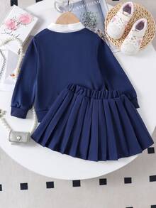 2 件女童休闲校园风格字母和卡通印花长袖运动衫和百褶迷你裙套装，春秋 - 寶藍色 - 查看 2