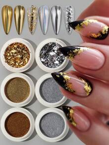 6pcs Mirror Effect Chrome Nail Powder Set Golden And Silvery Unicorn Aurora Laser Powder Nail Art Foil Nail Glitter For Nail Charms Decorations DIY Autumn Nails Supplies - Multicolor - View 10