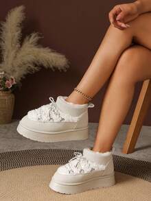 1 Pair Plus Size 36-42 Faux Fur Lined Warm Animal Quilted Punk Metal Eyelet Lace-Up Thick Sole Snow Boots, Outdoor/Holiday, Winter