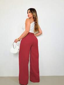A&DD MODA, REF: H932(PLUS SIZE) - Plus Size Women's Striped Pants, Stylish Plus Size, High Waist, Wide Leg, Elegant, Casual, Formal, Lightweight, Modern, Comfortable, Women's Pants, Lightweight Fabric, Striped Print, Simple Look, Versatile, High Quality ✨ - 酒紅色 - 查看 2