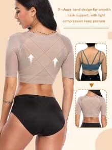 Women Upper Arm Shapewear Chest Support Arm Short Sleeves Vest Breast Lifter Push Up Tops Back Cross Improve Posture Shaping Arm Underwear - Màu be - Xem 4