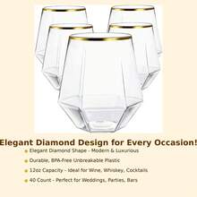 40-Count 12 Ounce Gold Rim Diamond Shape Stemless Plastic Wine Glasses, Break Resistant, Disposable & Reusable, Ideal For Home & Wedding