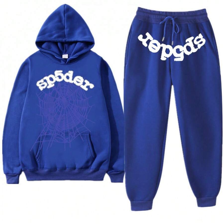 American Hip-Hop Singer Letter Print Couple Sweatshirt Unisex Hoodie Set Black Casual Wear Vacation Wear Streetwear Fabric - 寶藍 - 查看 1