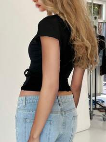 Women's  Bandage Hem Tops Lace Trim Deep V Neck Crop Short Sleeve Shirts Cross Wrap Slim Fit Tie Up Summer Cute Blouses - 黑色 - 查看 2