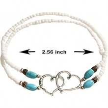 Women's Beaded Anklet With Silver Double Heart Elastic Stretch Ankle Bracelet Women's Summer Bohemian Jewelry