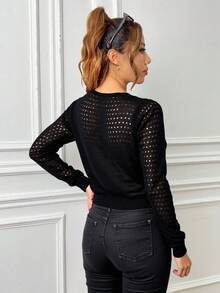 blusa femenina de estilo casual con detalles de flores, ancho, cuello redondo, de manga larga, adecuada para primavera y verano, ideal para ocasiones informales - NEGRO - Ver 2