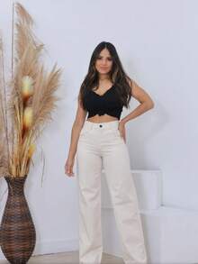 Women's Wide Leg Jeans, High Waist, Butt Lifting Pants - Krem - View 1
