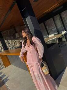 Women's Long Chiffon Dress With Long Sleeves, V-Neck, Ruffled Hem And Lining - Rosa Pálido - Ver 2