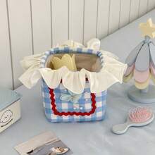 1pc Large Plaid Lace Laundry Basket, High-Quality Multi-Purpose Snack Storage Box, Contrast Color Cream Ruffle Edge Storage Basket, Rectangular Handmade INS Style Stitched Fabric Desktop Organizer Box